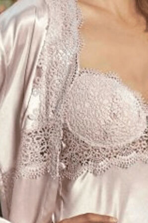 Kadın Pudra Saten Gelin Çeyiz Seti Gecelik&sabahlık Kimono Takımı 5393