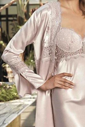 Kadın Pudra Saten Gelin Çeyiz Seti Gecelik&sabahlık Kimono Takımı 5393