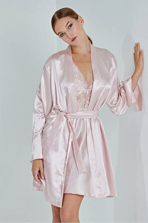 Kadın Pudra Saten Çeyiz Seti 6 Parça Dantelli Sabahlık Gecelik Pijama Şortlu Takım