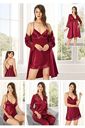 Kadın Bordo Saten Çeyiz Seti 6 Parça Dantelli Sabahlık Gecelik Pijama Şortlu Takım