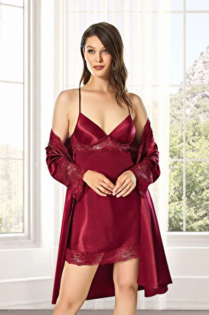 Kadın Bordo Saten Çeyiz Seti 6 Parça Dantelli Sabahlık Gecelik Pijama Şortlu Takım