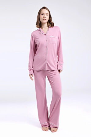 Kadın Gömlek Yaka Önden Düğmeli Pijama Takım-8986