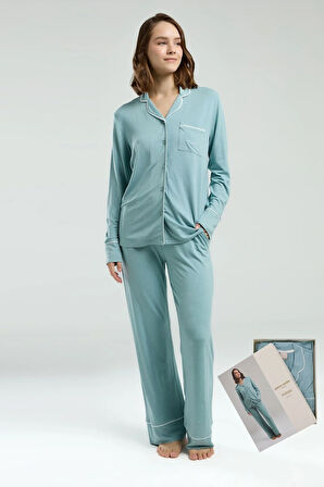 Kadın Gömlek Yaka Önden Düğmeli Pijama Takım-8986