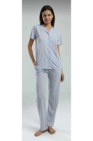 Kutulu Kadın Önden Düğmeli Pijama Takım Mavi-8.9.8.2