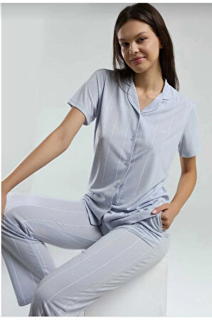 Kutulu Kadın Önden Düğmeli Pijama Takım Mavi-8.9.8.2