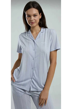 Kutulu Kadın Önden Düğmeli Pijama Takım Mavi-8.9.8.2