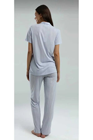Kutulu Kadın Önden Düğmeli Pijama Takım Mavi-8.9.8.2
