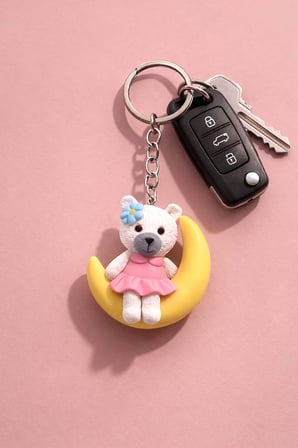 🎀🐻🌙 Sevimli Ayı Metal Zincirli Anahtarlık Charm –Çanta ve Anahtar Aksesuarı