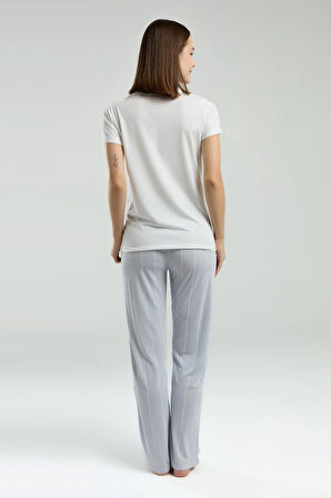 Kadın Yazılı Kısa Kol Çizgili Uzun Pantolon Pijama Takımı