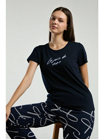 Kadın Lacivert Kısa Kol Pijama Takım -3232