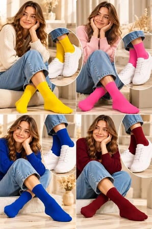 Pamuklu Düz Soket Çorap 4'lü Set Sarı-Pembe-Saks-Bordo