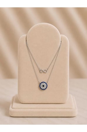 Minimal Sonsuzluk ve Nazar Boncuklu Silver İkili Kolye