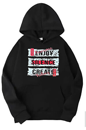 Siyah enjoy baskılı kapüşonlu sweatshirt