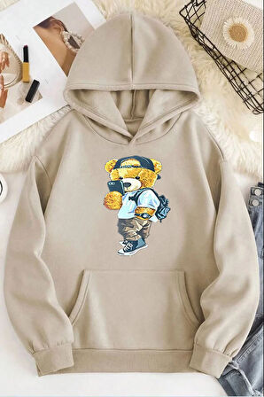 Peluş Ayı Baskılı Kapüşonlu Sweatshirt