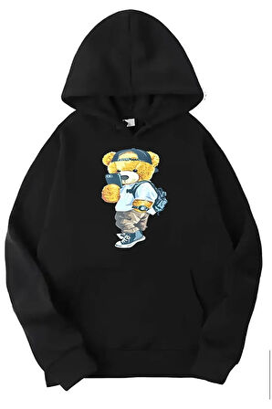 Siyah peluş ayı baskılı kapüşonlu sweatshirt