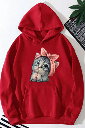Sevimli Kedi Baskılı Kadın Kapüşonlu Sweatshirt