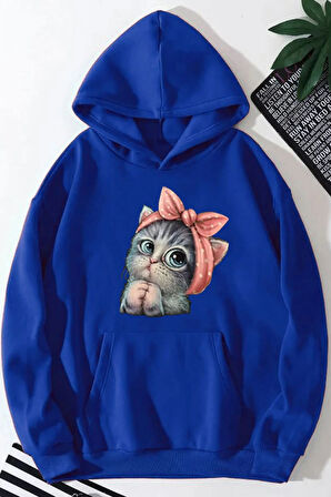 Sevimli Kedi Baskılı Kadın Kapüşonlu Sweatshirt