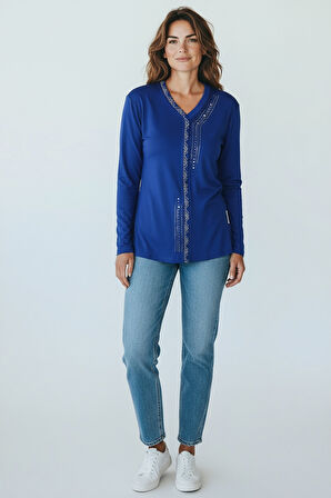 KADIN ÖNÜ KAPALI DÜĞME DETAYLI TAŞLI NERGİS MEVSİMLİK BLUZ