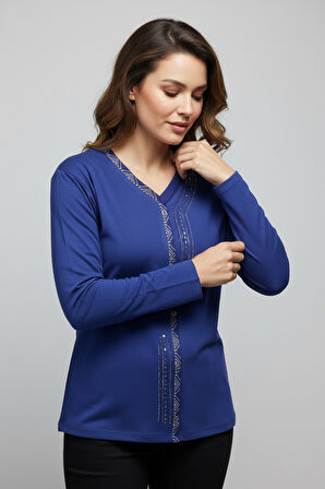 KADIN ÖNÜ KAPALI DÜĞME DETAYLI TAŞLI NERGİS MEVSİMLİK BLUZ