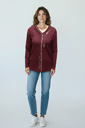 KADIN ÖNÜ KAPALI DÜĞME DETAYLI TAŞLI NERGİS MEVSİMLİK BLUZ