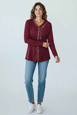 KADIN ÖNÜ KAPALI DÜĞME DETAYLI TAŞLI NERGİS MEVSİMLİK BLUZ