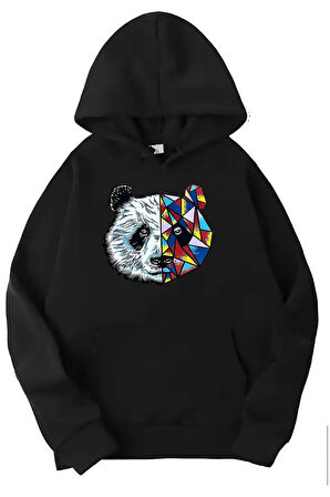 Siyah panda baskılı kapüşonlu sweatshirt