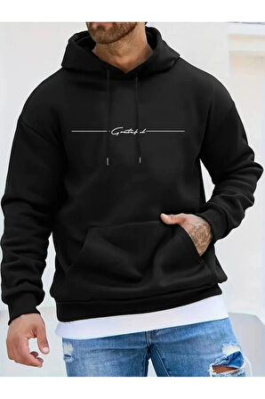 El Yazı Detaylı 2 İplik Şardonlu Kapüşonlu  Sweatshirt