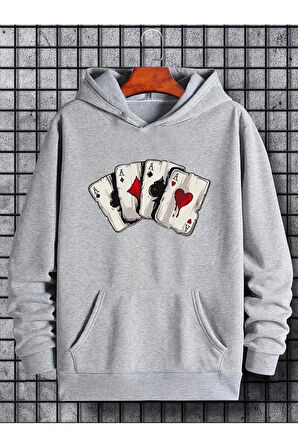İskambil Kart Desenli Kapüşonlu Sweatshirt