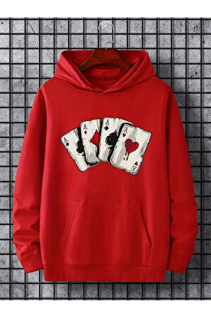 İskambil Kart Desenli Kapüşonlu Sweatshirt