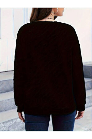Kalp Baskılı Bisiklet Yaka Sweatshirt