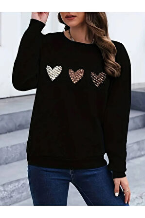 Kalp Baskılı Bisiklet Yaka Sweatshirt