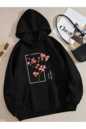 Cherry Baskılı Kapüşonlu Sweatshirt