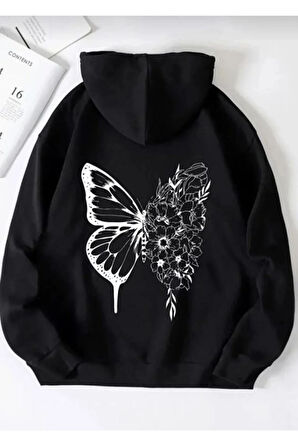 Unisex Siyah Kelebek Baskılı Kapüşonlu Sweatshirt