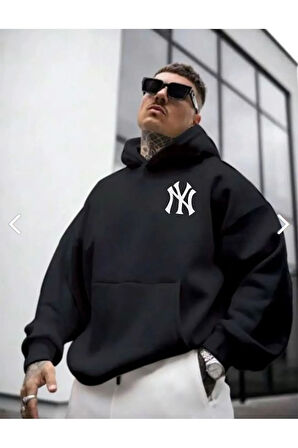 Erkek Siyah Ön Arka NY Baskılı Kapüşonlu Sweatshirt