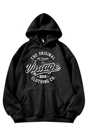 Unisex Siyah Kapüşonlu Vintage Baskılı Sweatshirt