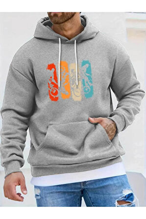 Renkli Bisiklet Baskılı Kapüşonlu Sweatshirt