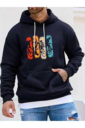 Renkli Bisiklet Baskılı Kapüşonlu Sweatshirt