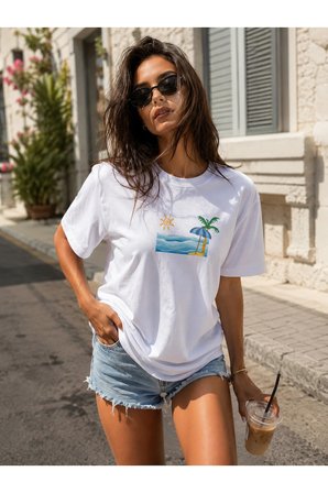 deniz kum güneş tasarım %100 pamuk unisex basic tişört