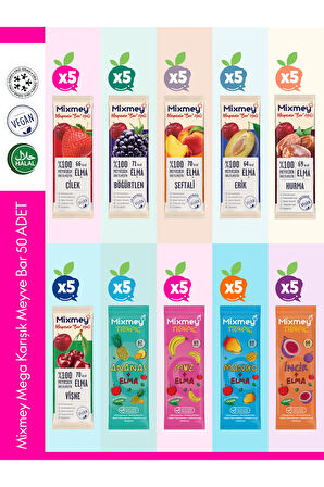 Mega Karışık Meyve Bar Paketi 50 Adet | Sağlıklı Atıştırmalıklar – Vegan, Glutensiz (20GR x 50 ADET)