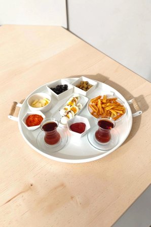 Ahşap Kulplu 50 Cm Yuvarlak Metal Tepsi Kahvaltı Çay Kahve Sunum Tepsisi