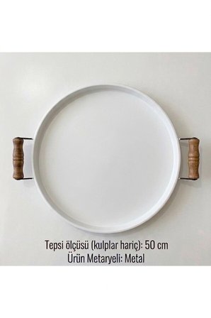 Ahşap Kulplu 50 Cm Yuvarlak Metal Tepsi Kahvaltı Çay Kahve Sunum Tepsisi