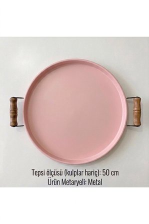 Ahşap Kulplu 50 Cm Yuvarlak Metal Tepsi Kahvaltı Çay Kahve Sunum Tepsisi
