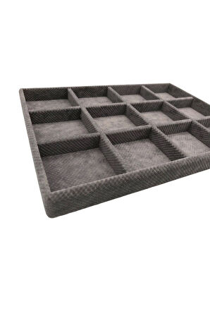 Yerli Üretim Keten Kumaş Füme Renk 34 Cm / 24 Cm 12 Bölmeli Çekmece Içi Takı Standı
