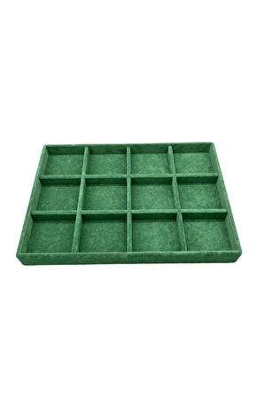 Yerli Üretim Süet Kumaş Yeşil Renk 34 Cm / 24 Cm 12 Bölmeli Çekmece Içi Takı Standı