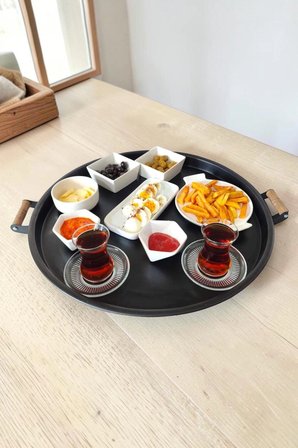 Ahşap Kulplu 50 Cm Yuvarlak Metal Tepsi Kahvaltı Çay Kahve Sunum Tepsisi