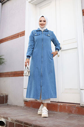 Kadın Taş Detaylı Fermuarlı Kot Kap