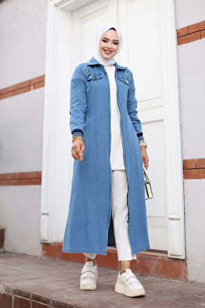 Kadın Taş Detaylı Fermuarlı Kot Kap