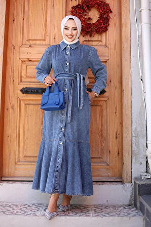 Kadın Kuşaklı Düğmeli Kot Elbise