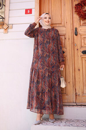 Kadın Astarlı Şifon Desenli Elbise