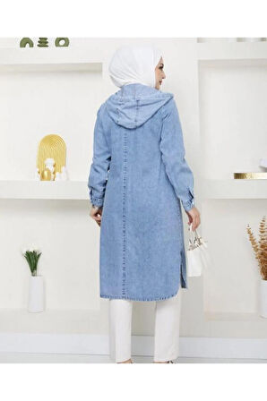 Kadın Kapüşonlu Uzun Kot Ceket